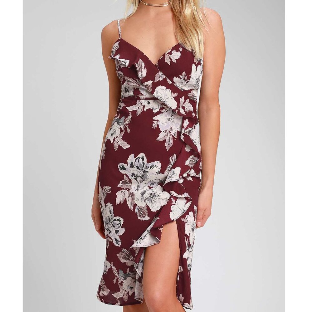 Lulu's Essential Mood Burgundy Floral Print Ruffle Midi Dress
